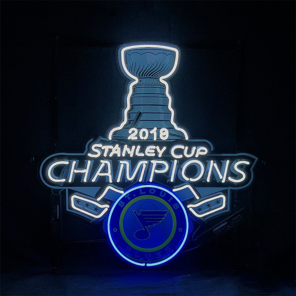 "2019 Stanley Cup Champions St. Louis Blues neon sign glass - vibrant team logo, perfect for sports bars, game rooms, and fan spaces.”