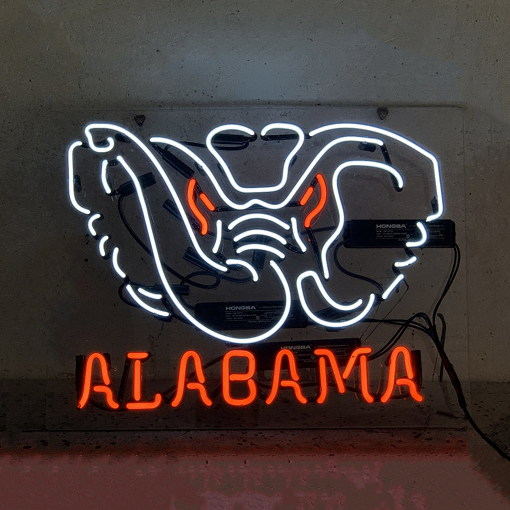 "Alabama Angry Elephant neon sign glass - vibrant team logo, perfect for sports bars, game rooms, and fan spaces.”
