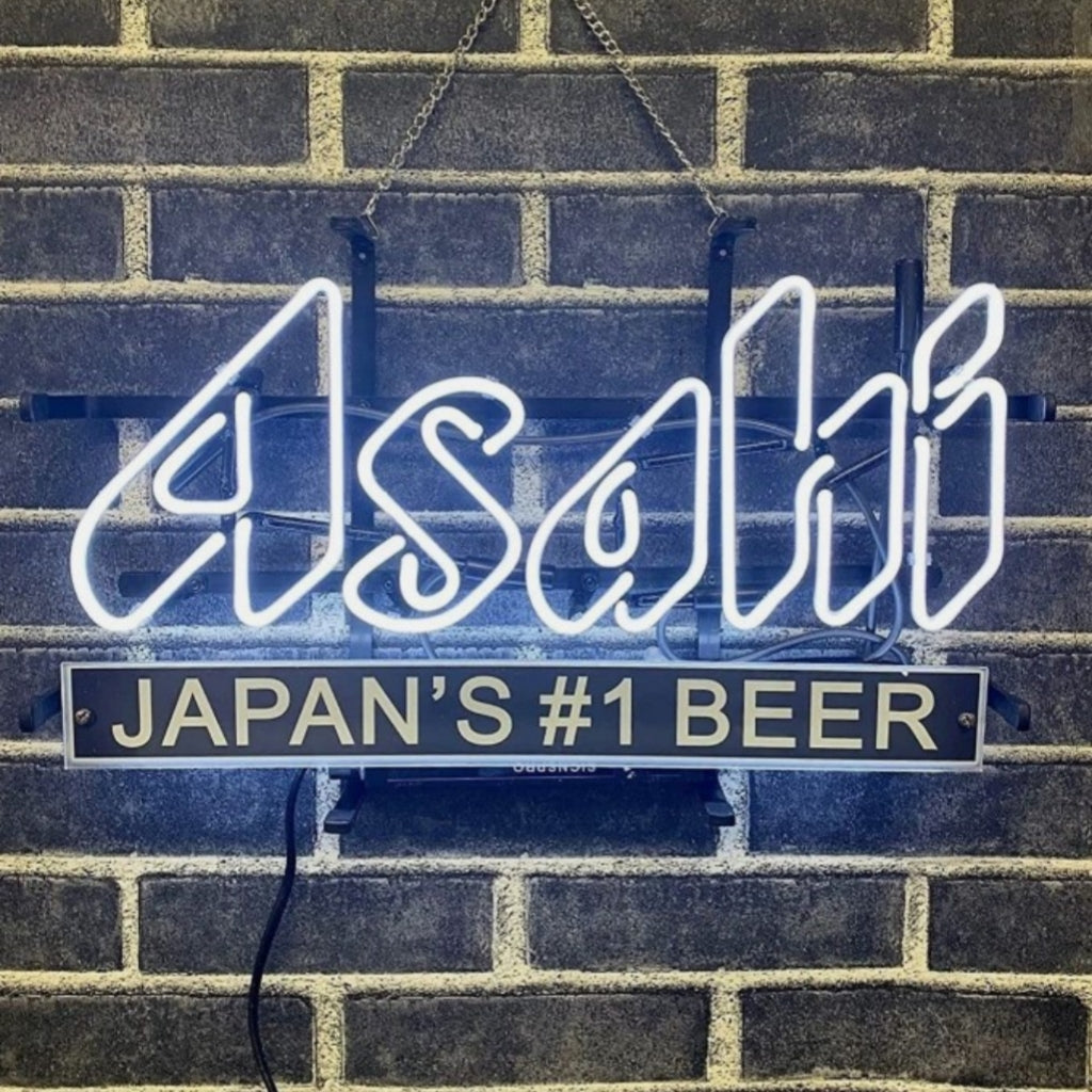 "Japan's #1 Beer Asahi neon sign light - Handcrafted with bent glass tubes & acrylic printed logo. Available at Neon Signs Land for bar decoration"