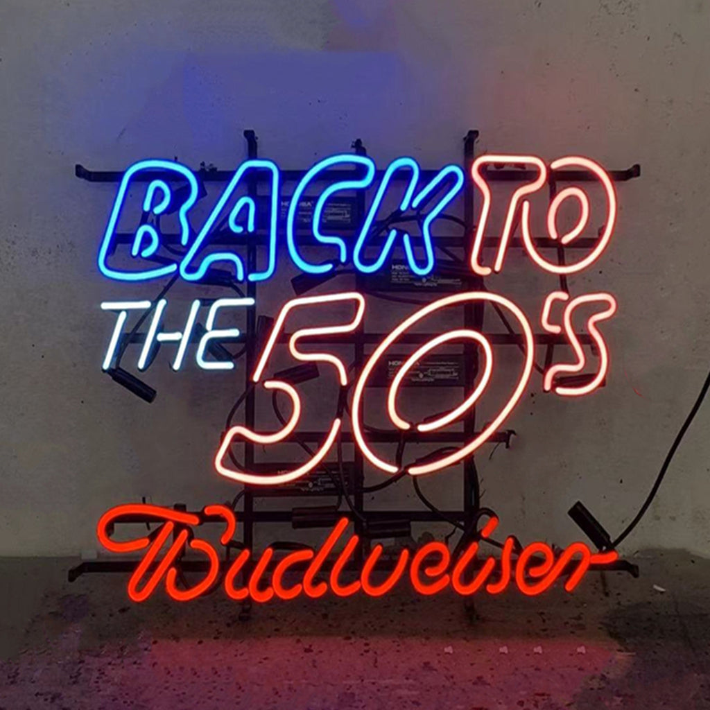 "Back to The 50's Budweiser neon sign glass - bright and vibrant logo, perfect for bars, game rooms, and man caves."