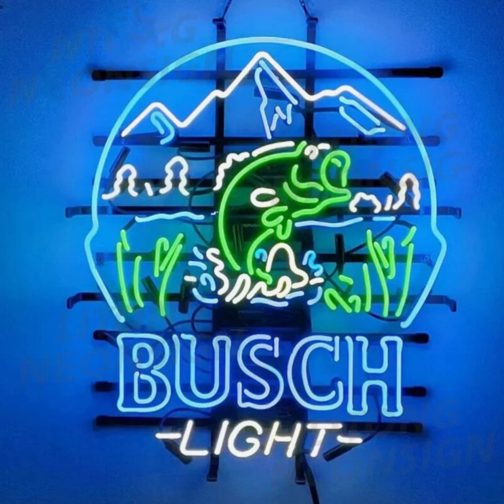 "Fishing-themed Busch Light neon sign featuring hand-bent glass tubes & sturdy metal grid. Ideal for anglers & beer enthusiasts."