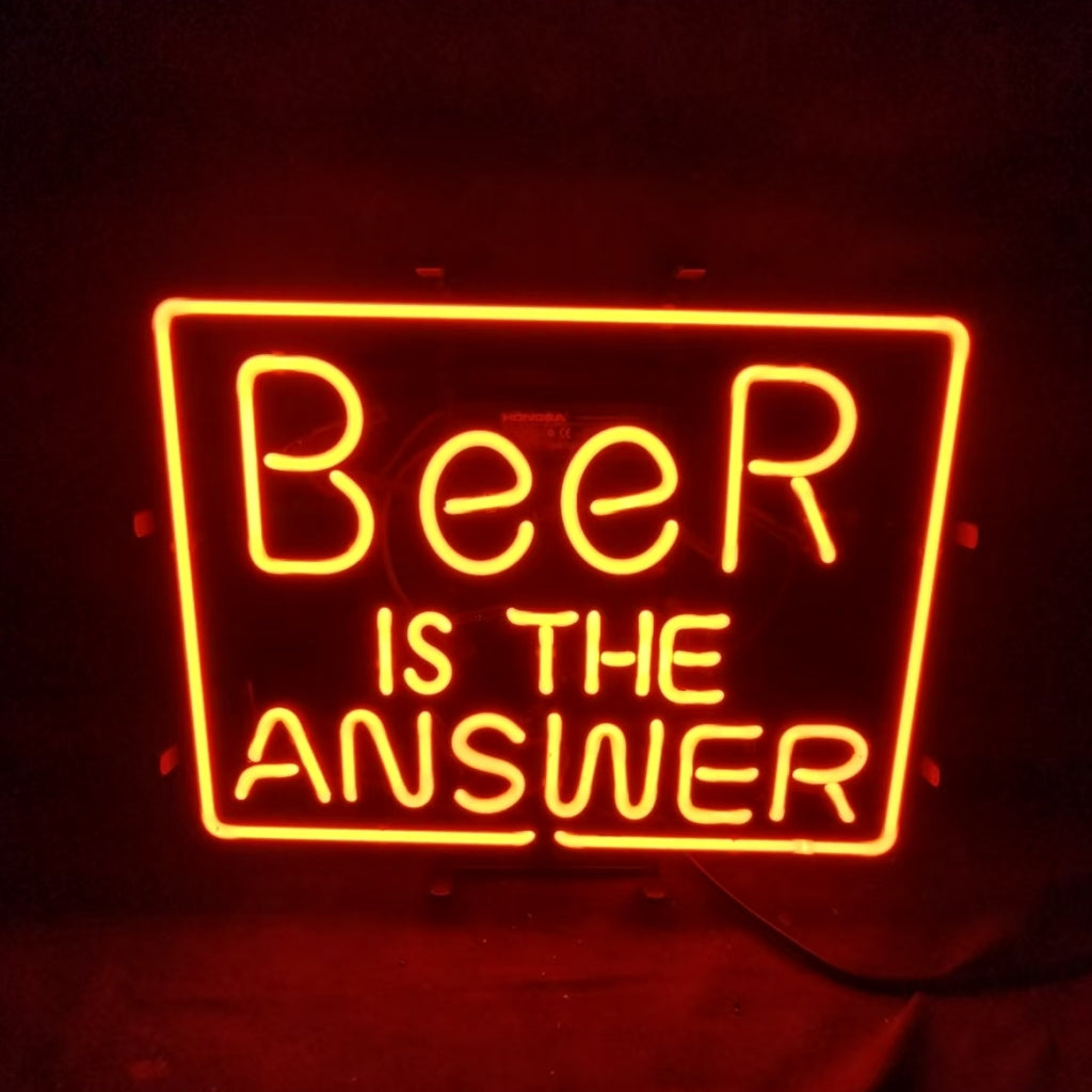 "New 'Beer is The Answer' neon sign with glowing amber glass tube letters, ideal for bar and pub decor."
