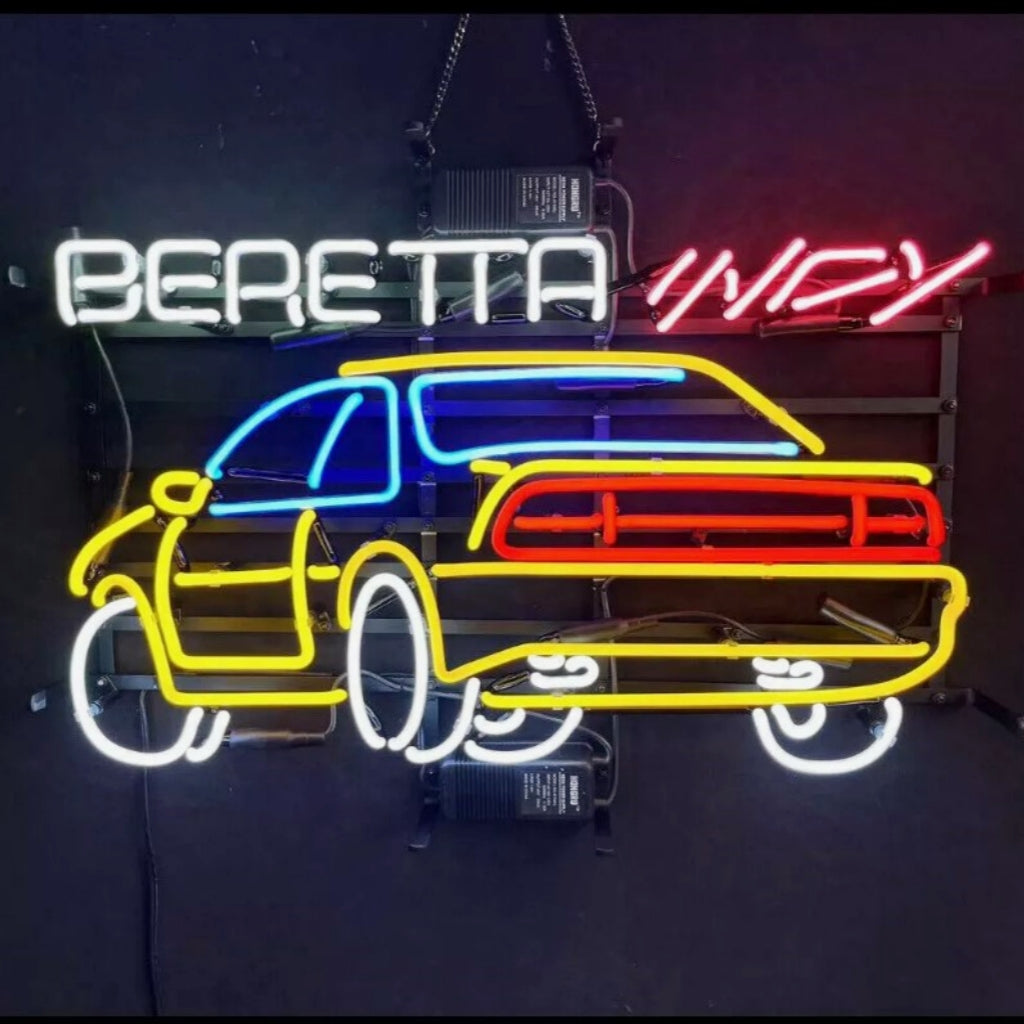 Chevorlet Beretta Indy logo Neon Sign——handbent beretta indy car lettering and Chevorlet car shape, man cave lamp hanging recommend.