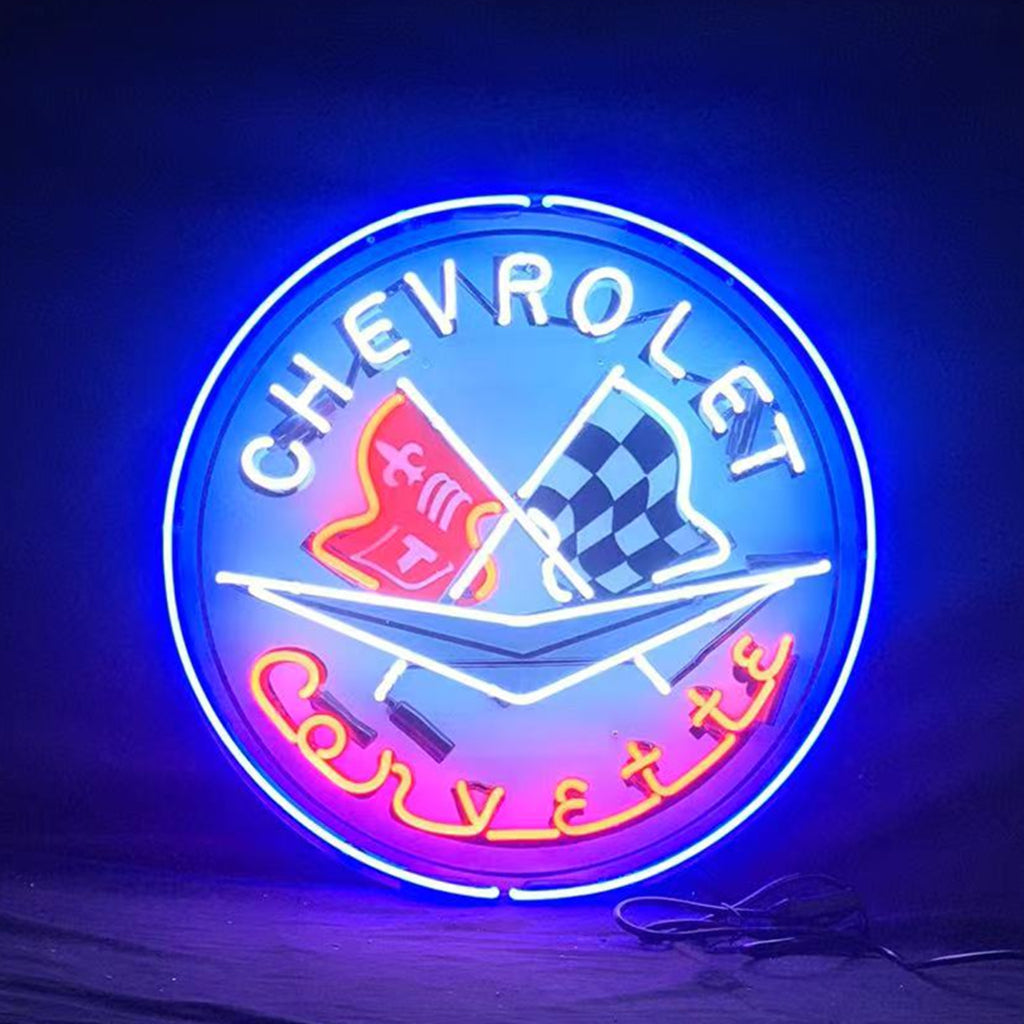 "Genuine glass neon sign featuring Chevrolet bowtie and Corvette script in vibrant red/white/ blue illumination, ideal for car collectors and automotive decor"