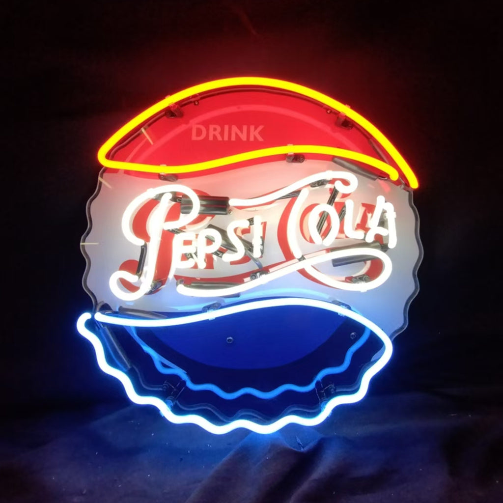 Vibrant Pepsi Cola neon sign glass with hand-bent red/blue glass waves and vivid acrylic logo.