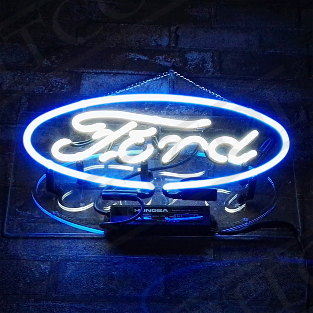 Ford Logo Neon Sign – Glowing blue glass wall decor featuring the classic Ford Oval, ideal for car enthusiasts and vintage auto collectors.