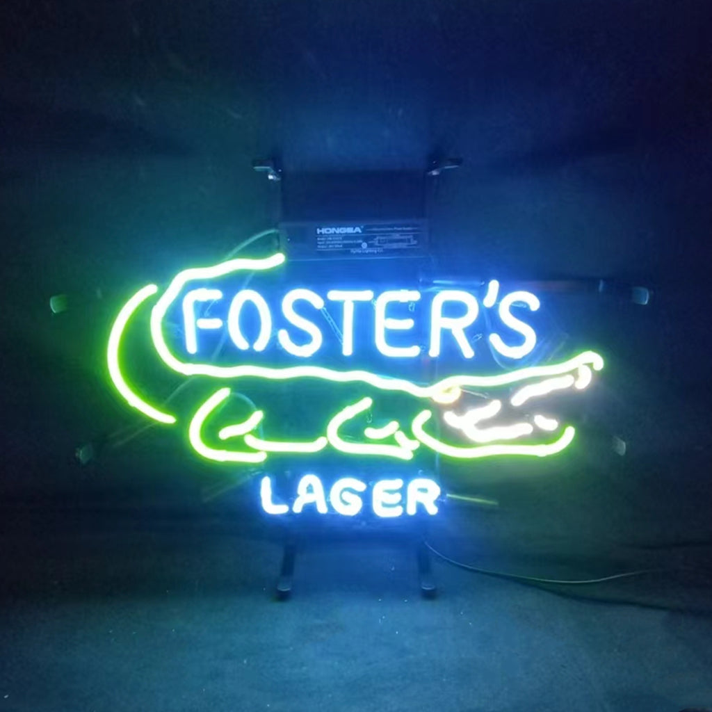 "Foster's Lager Alligator neon sign glass - bright and vibrant logo, perfect for bars, shops, man caves gift decoration."