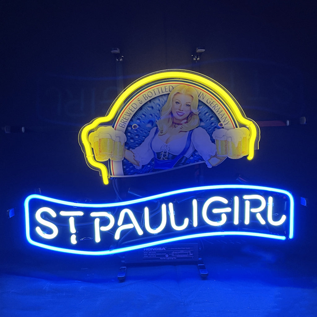 "St Pauli Girl Beer neon sign glass - bright and vibrant logo, perfect for bars, shops, man caves gift decoration."