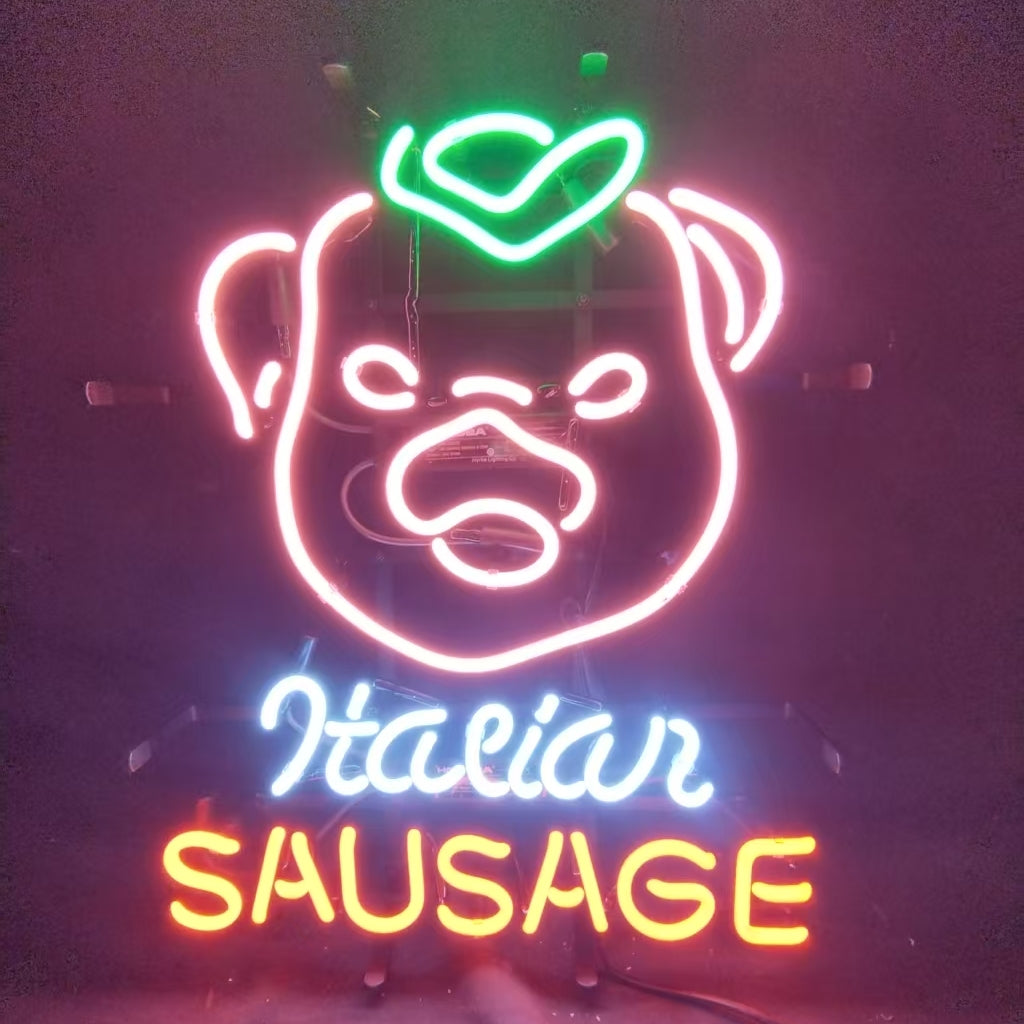 Handmade Italian sausage lettering with pig head neon sign light, hand-bent glass with gas-filled, metal grid on back. Perfect for business shop lamp.