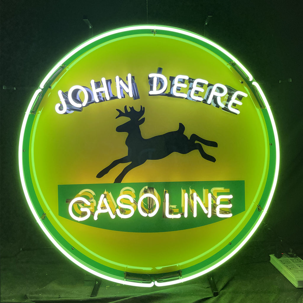 Dumping Deer John Deere Gasoline neon sign glass - sleek and stylish, perfect for garages, man caves, gas stations.