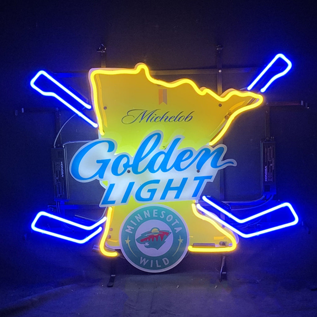 "Michelob Golden Light Minnesota Wild Hockey Bat neon sign glass - vibrant team logo, perfect for sports bars, game rooms, and fan spaces."