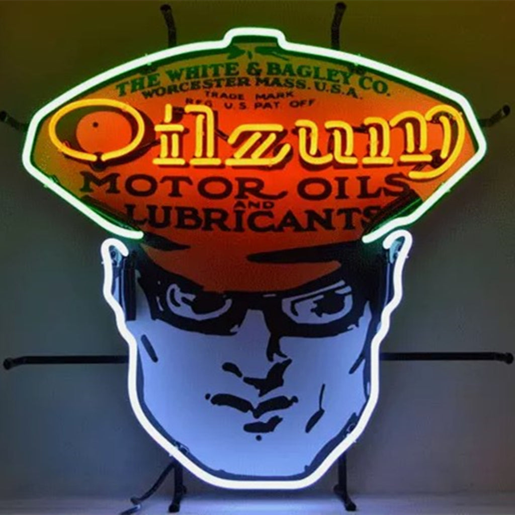 "Oilzum motor oils lubricants neon sign glass with acrylic printed- ideal for gas stations, shops, garages, gift. Enhancing the vintage ambiance of any space."