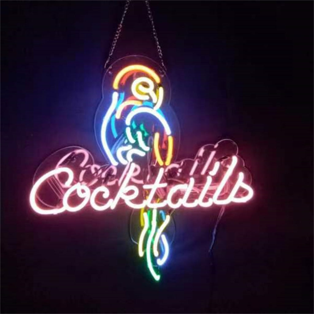 Handcrafted glass tube neon sign, beautiful parrot designs and pink Cocktails fonts, suitable for wall decoration in bars, rooms, etc.
