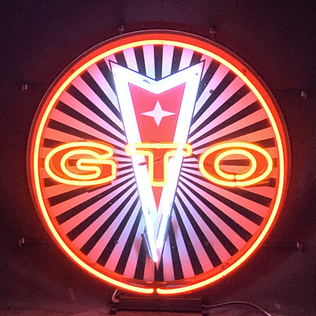 "Handmade Pontiac GTO neon sign with real glass tubes and acrylic backplate - Classic muscle car garage decor, perfect for garages, man caves, and auto enthusiasts."