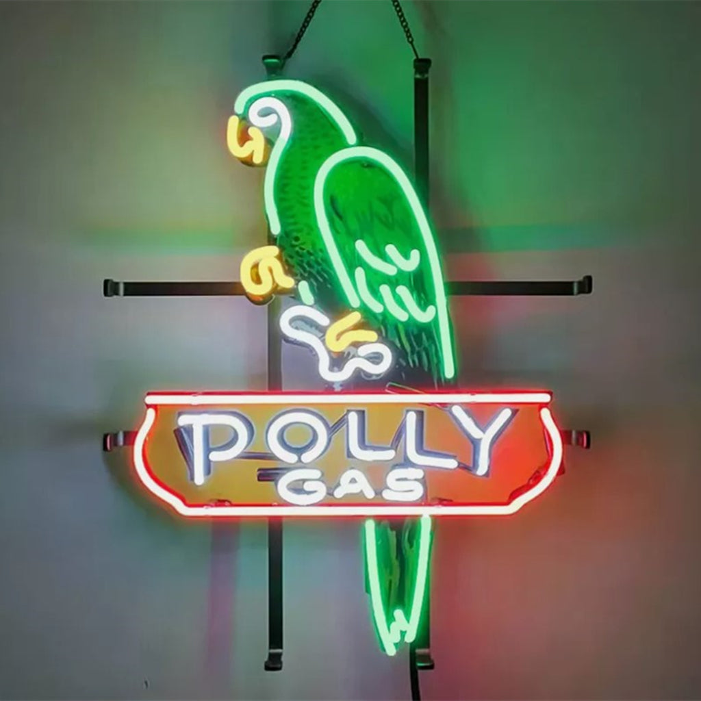 "Polly Gas Gasoline Parrot neon sign glass with acrylic printed- ideal for gas stations, shops, garages, gift. Enhancing the vintage ambiance of any space."