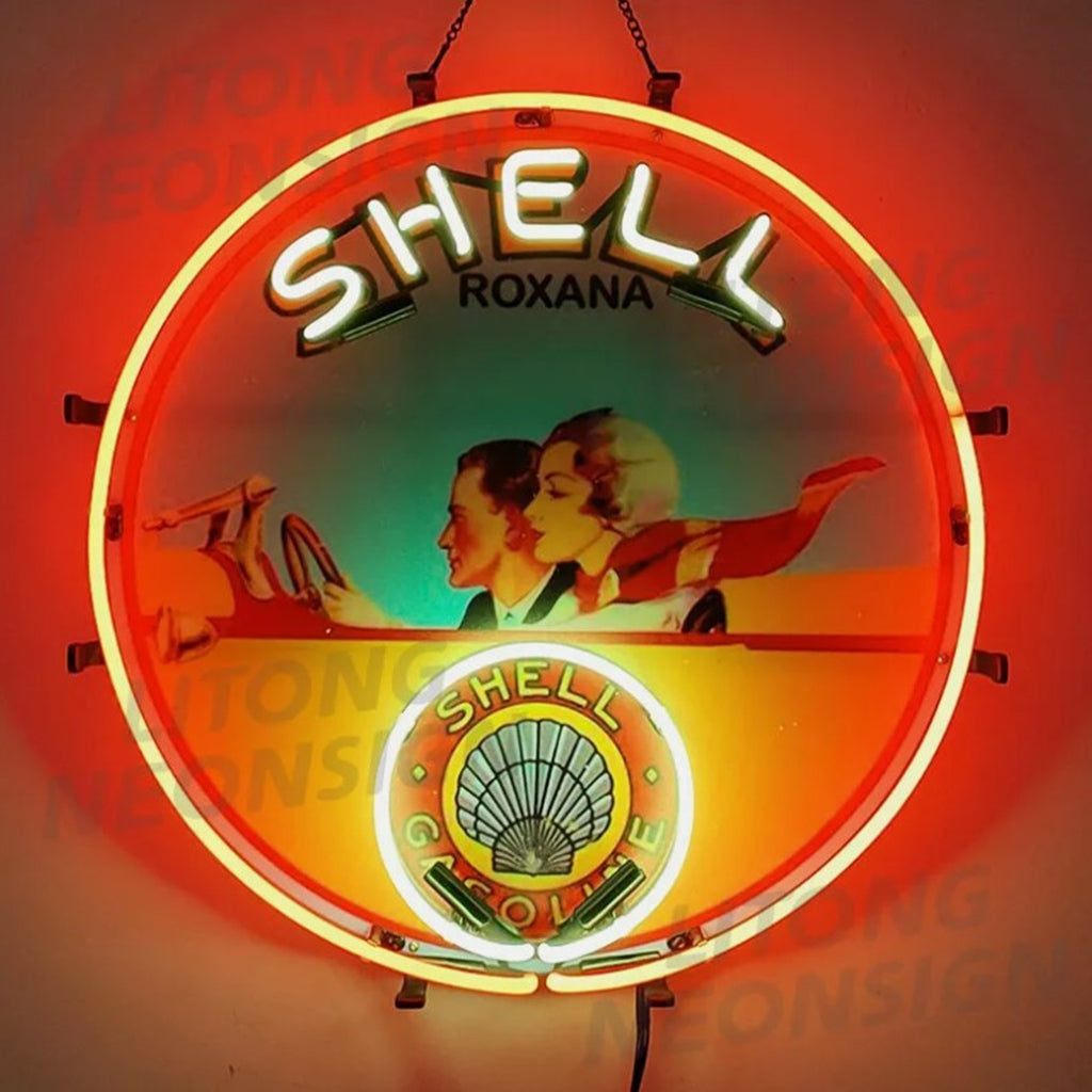 "Shell Gasoline Roxana neon sign glass with acrylic printed- ideal for gas stations, shops, garages, gift. Enhancing the vintage ambiance of any space."