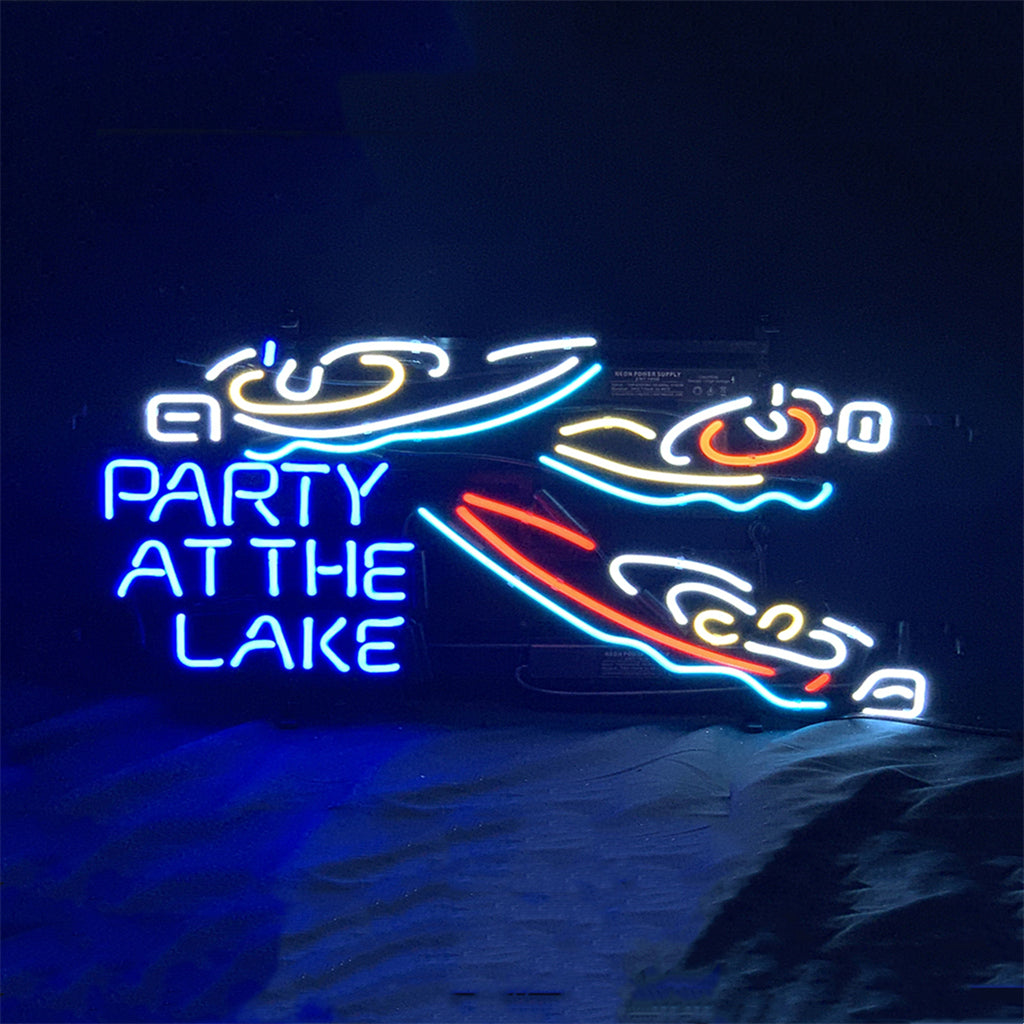"Yacht party at the lake neon sign glass- perfect for garages, man caves, shops. Eye-catching on wall and window"