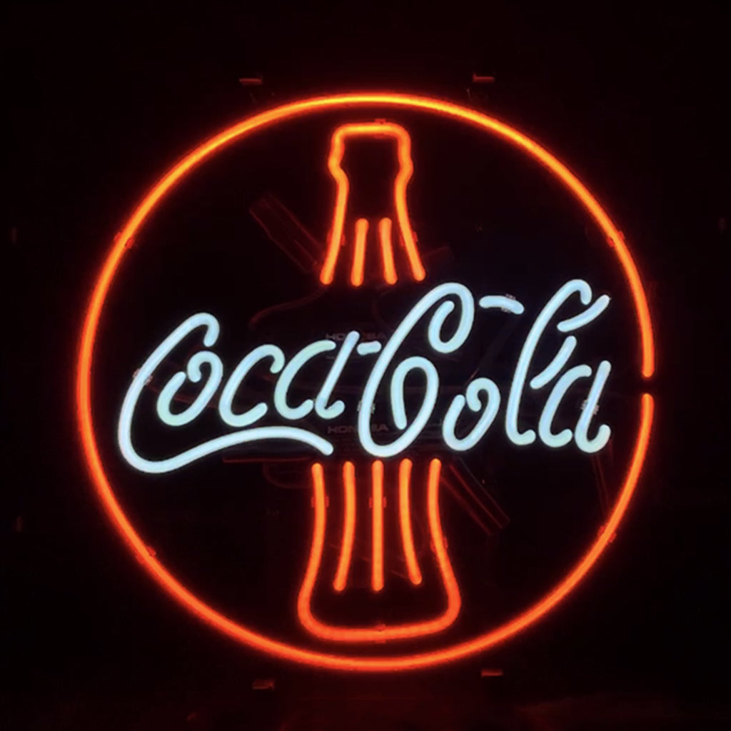 " Coca Cola with Bottle - bright and vibrant logo, perfect for bars, game rooms, and man caves."