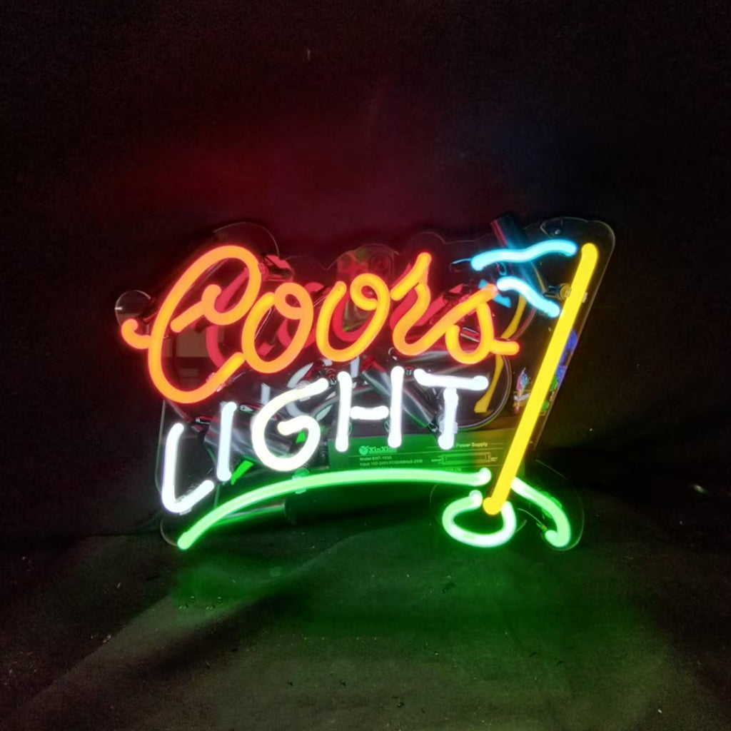 "Coors Light Golf neon sign glass - bright and vibrant logo, perfect for bars, game rooms, and man caves."
