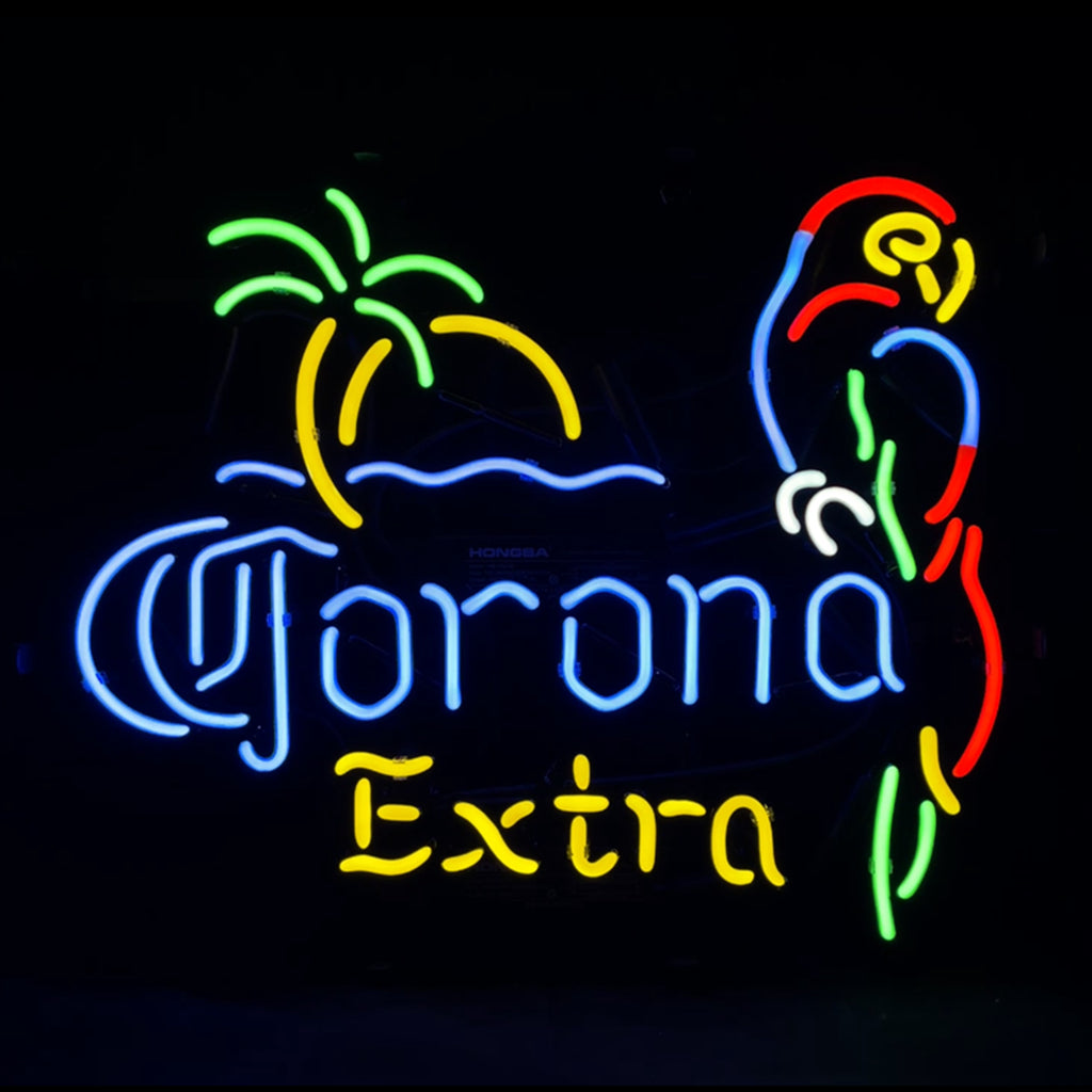 "Palm Tree Parrot Corona Extra neon sign glass - bright and vibrant logo, perfect for bars, game rooms, and man caves."