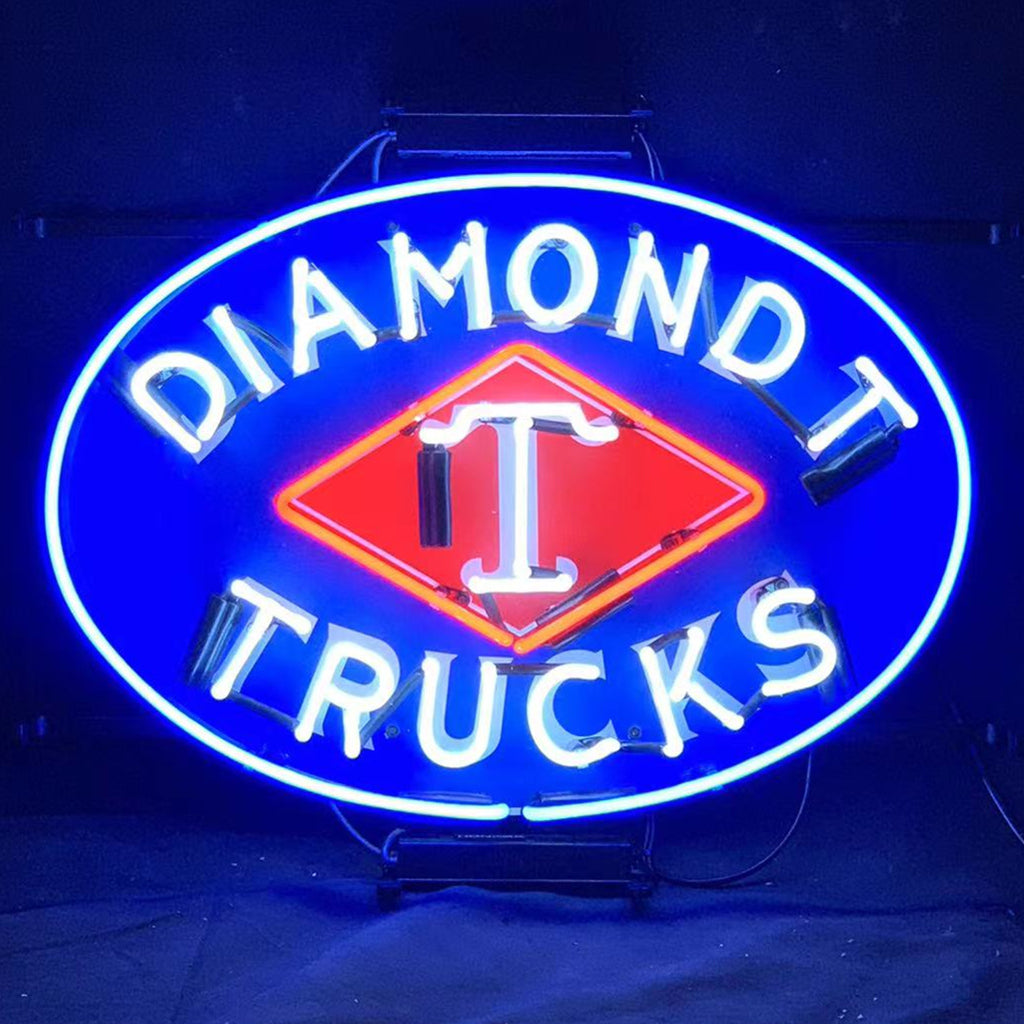 "Diamond T Trucks retro logo neon sign - Handmade with real glass tubes and laser-cut acrylic backplate, perfect for garage and truck stop decor"