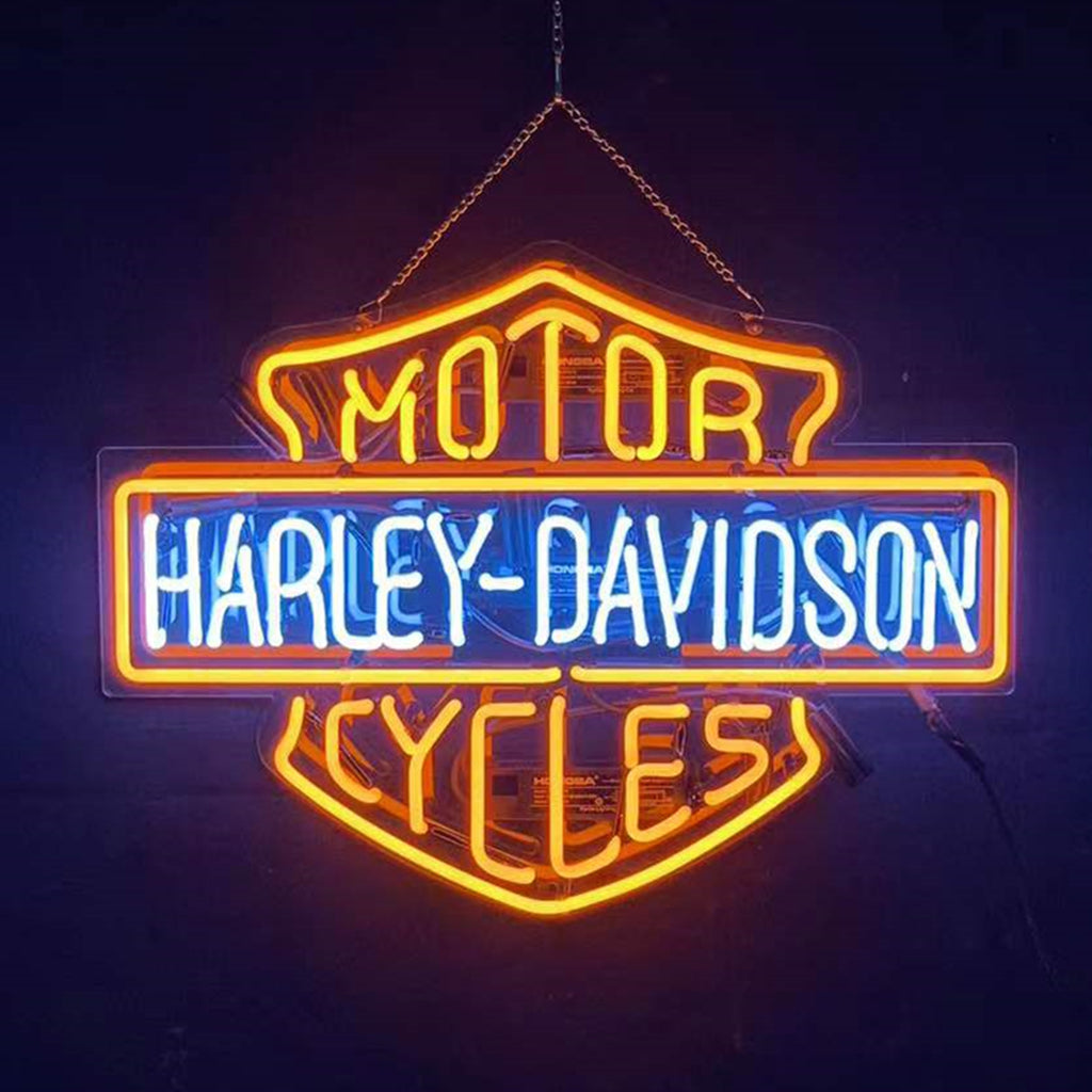 Distressed Harley Davidson neon sign with shield orange glitch-effect lighting, acrylic frame—perfect for garage or bar decor with a wild vibe.