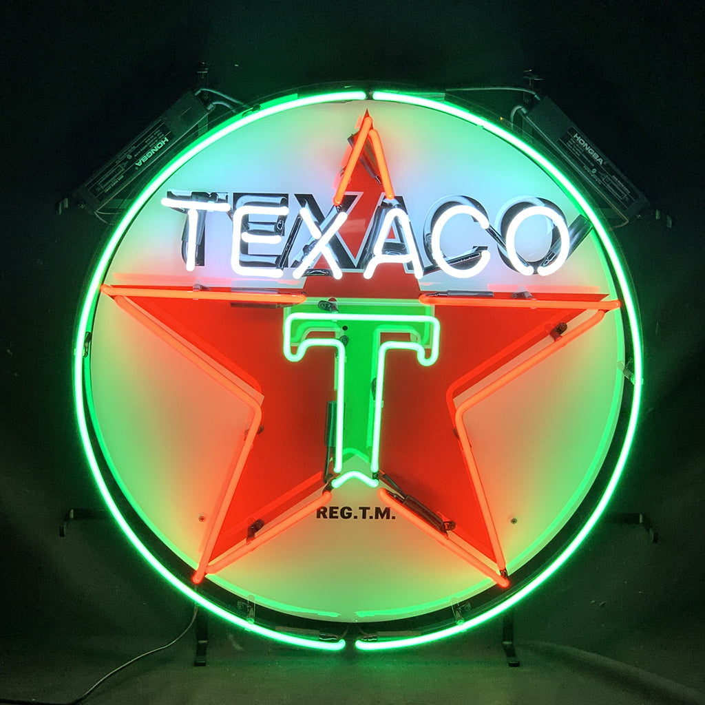 "Texaco Gasoline neon sign glass with UV-printed logo on acrylic - vintage style, perfect for garages, man caves, and auto enthusiasts."