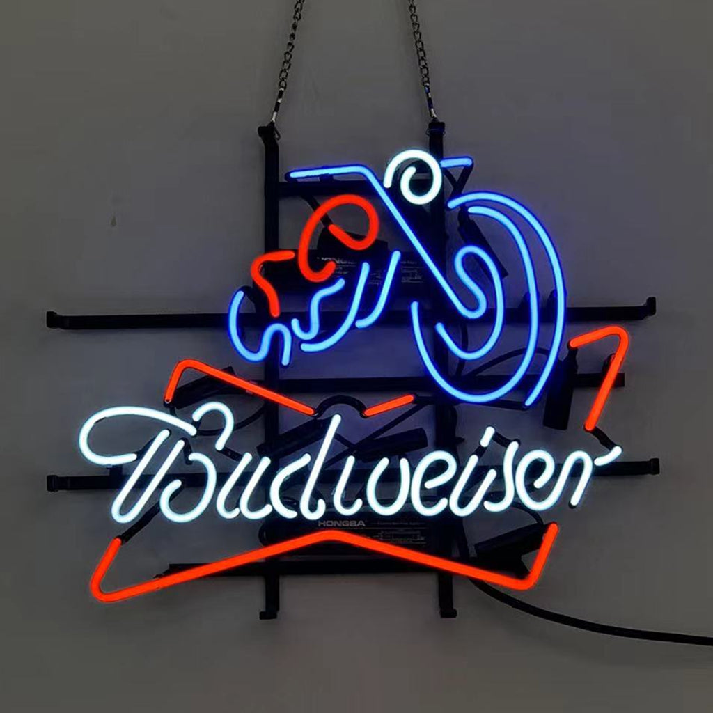" Vintage Style Harley Motorcycle Budweiser neon signs glass - a nostalgic addition to garages, workshops, and automotive spaces."