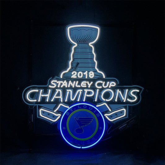 "2019 Stanley Cup Champions St. Louis Blues neon sign glass - vibrant team logo, perfect for sports bars, game rooms, and fan spaces.”