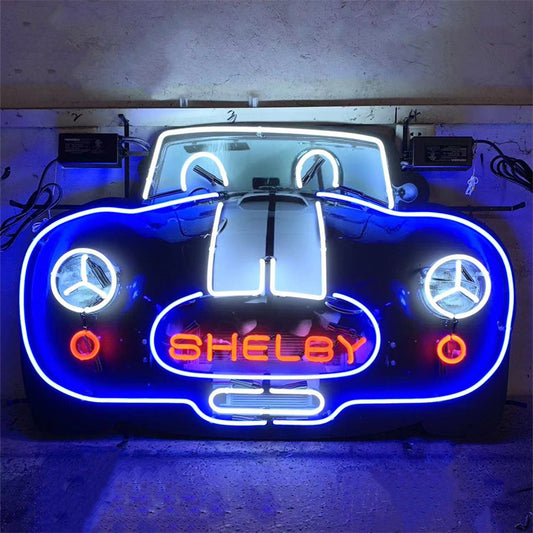 Glowing Ford Mustang Shelby GT500 Neon Sign – Red and black glass wall art with Cobra snake logo, ideal for muscle car enthusiasts.