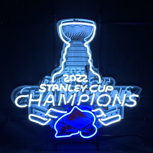 "2022 Stanley Cup Champions Colo rado Avalanche neon sign glass - vibrant team logo, perfect for sports bars, game rooms, and fan spaces.”