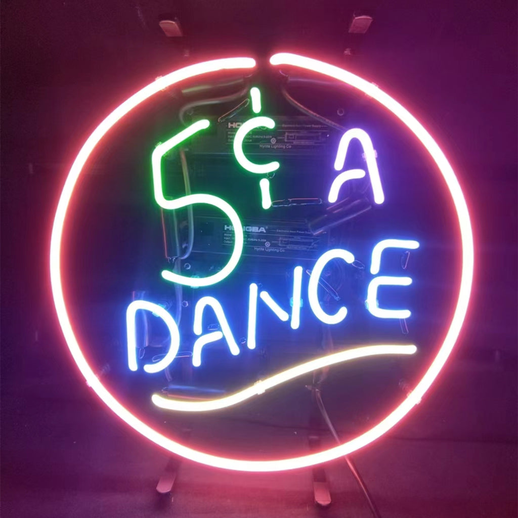 "5 Cent a Dance neon sign glass- perfect for garages, man caves, shop. Eye-catching on wall and window"