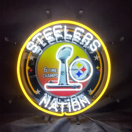 "6 Times Champs Pittsburgh Steelers Nation neon sign glass with UV-printed - vibrant team logo, perfect for sports bars, game rooms, and fan spaces."