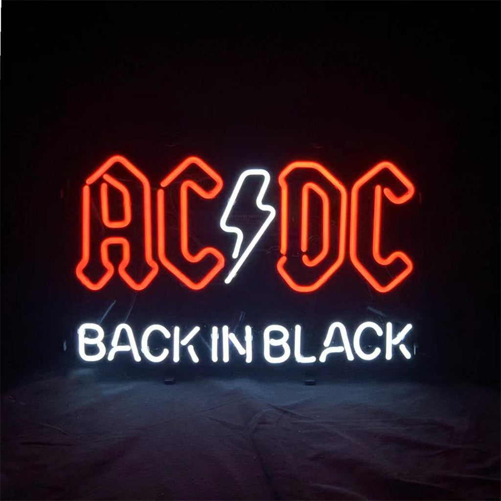 "AC DC Back in Black neon sign glass- perfect for garages, man caves, shop. Eye-catching on wall and window"