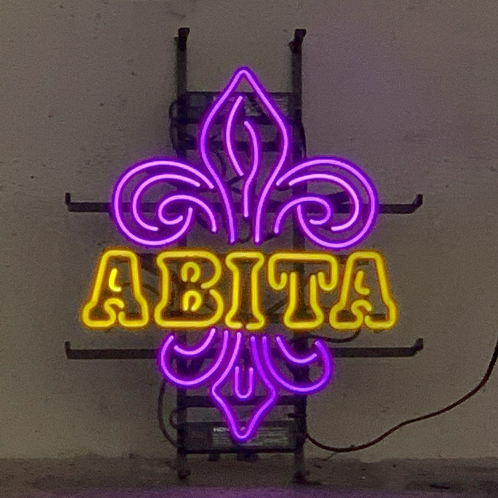 "Abita neon sign glass - bright and vibrant logo, perfect for bars, game rooms, and man caves."