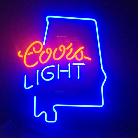"Alabama maps with coors light neon sign glass - bright and vibrant logo, perfect for bars, business shop, garage, man caves wall decor."