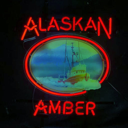 "Alaskan amber neon sign glass - bright and vibrant logo, perfect for bars, shop window, and man caves."