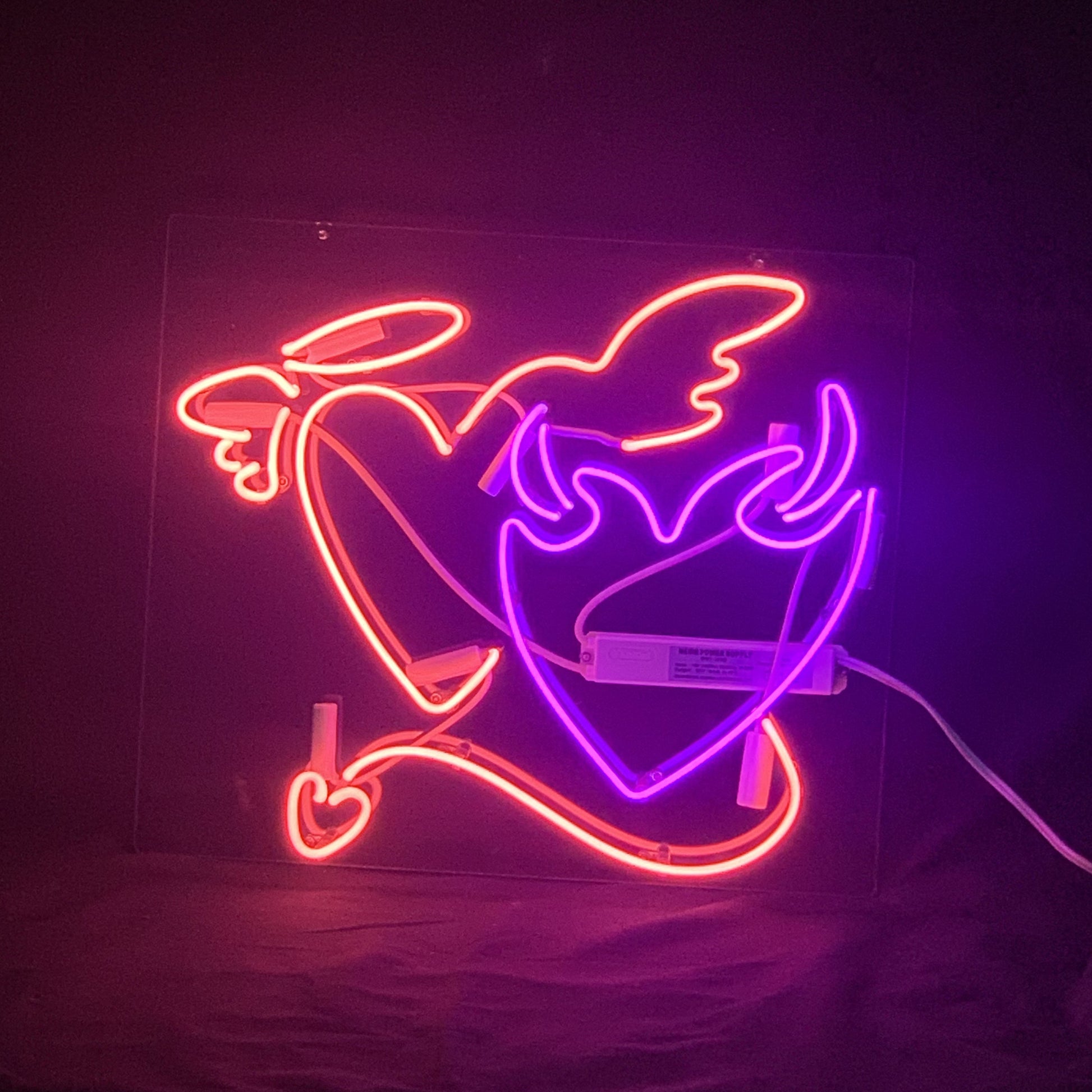 "Angels demons heart neon sign glass- perfect for garages, man caves, shop. Eye-catching on wall and window"