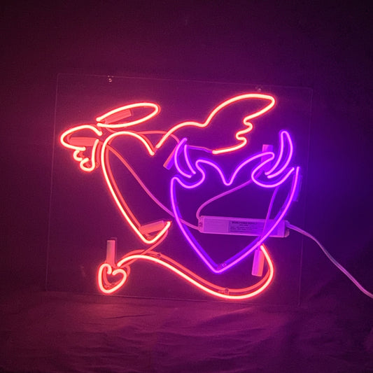 "Angels demons heart neon sign glass- perfect for garages, man caves, shop. Eye-catching on wall and window"