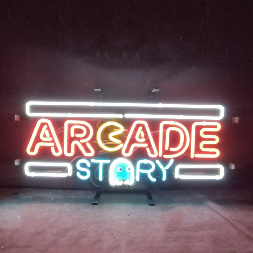 "Arcade Story neon sign glass- perfect for garages, man caves, shop. Eye-catching on wall and window"