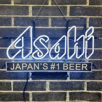 "Japan's #1 Beer Asahi neon sign light - Handcrafted with bent glass tubes & acrylic printed logo. Available at Neon Signs Land for bar decoration"