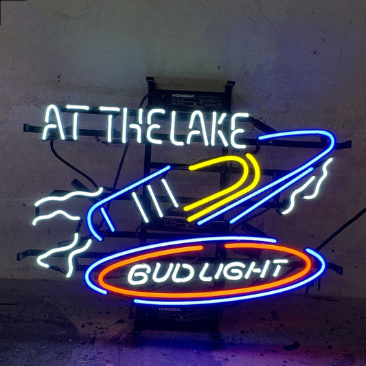 "Yacht at the lake bud light neon sign glass - bright and vibrant logo, perfect for bars, game rooms, and man caves."