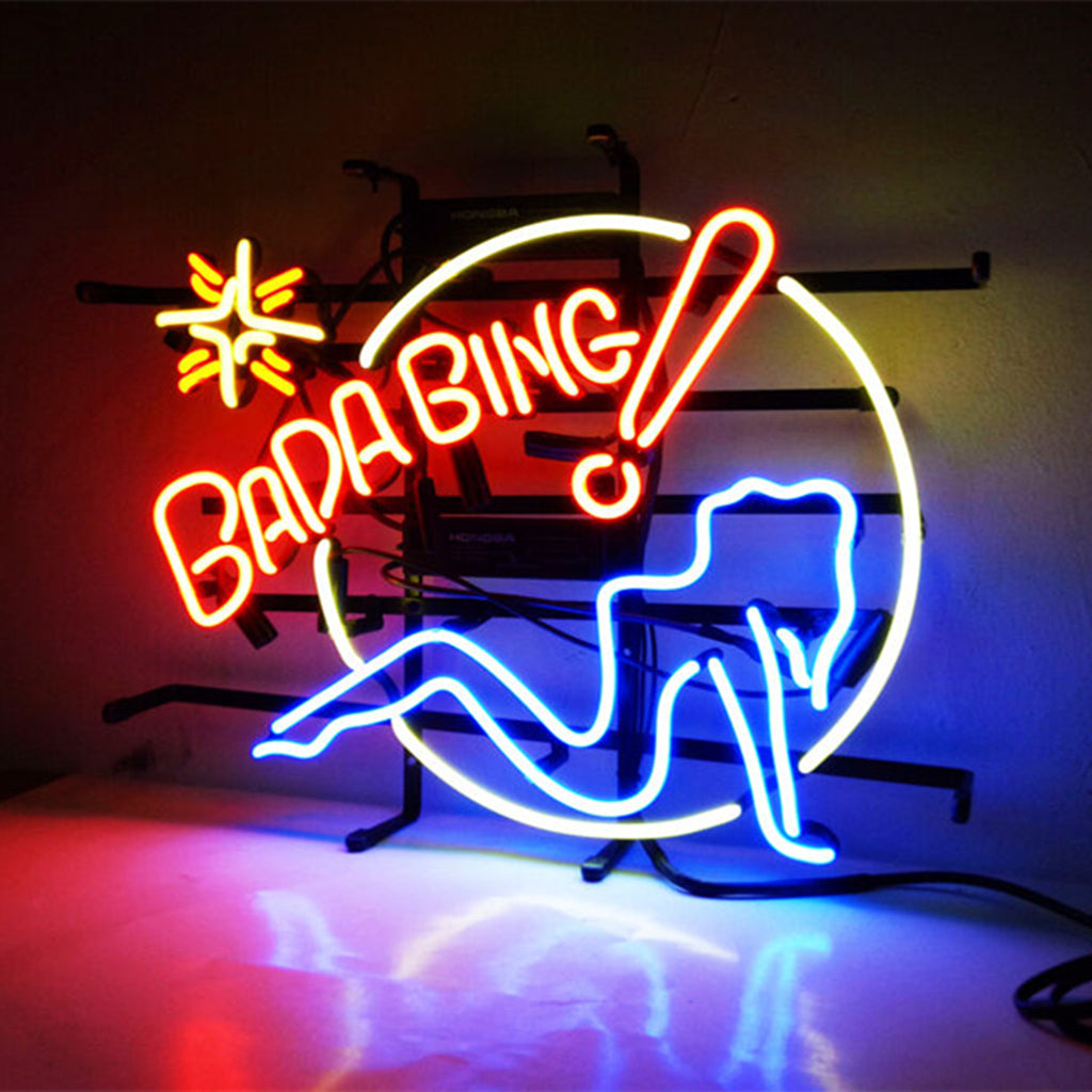 "Bada Bing Girl neon sign glass- perfect for garages, man caves, shop. Eye-catching on wall and window"