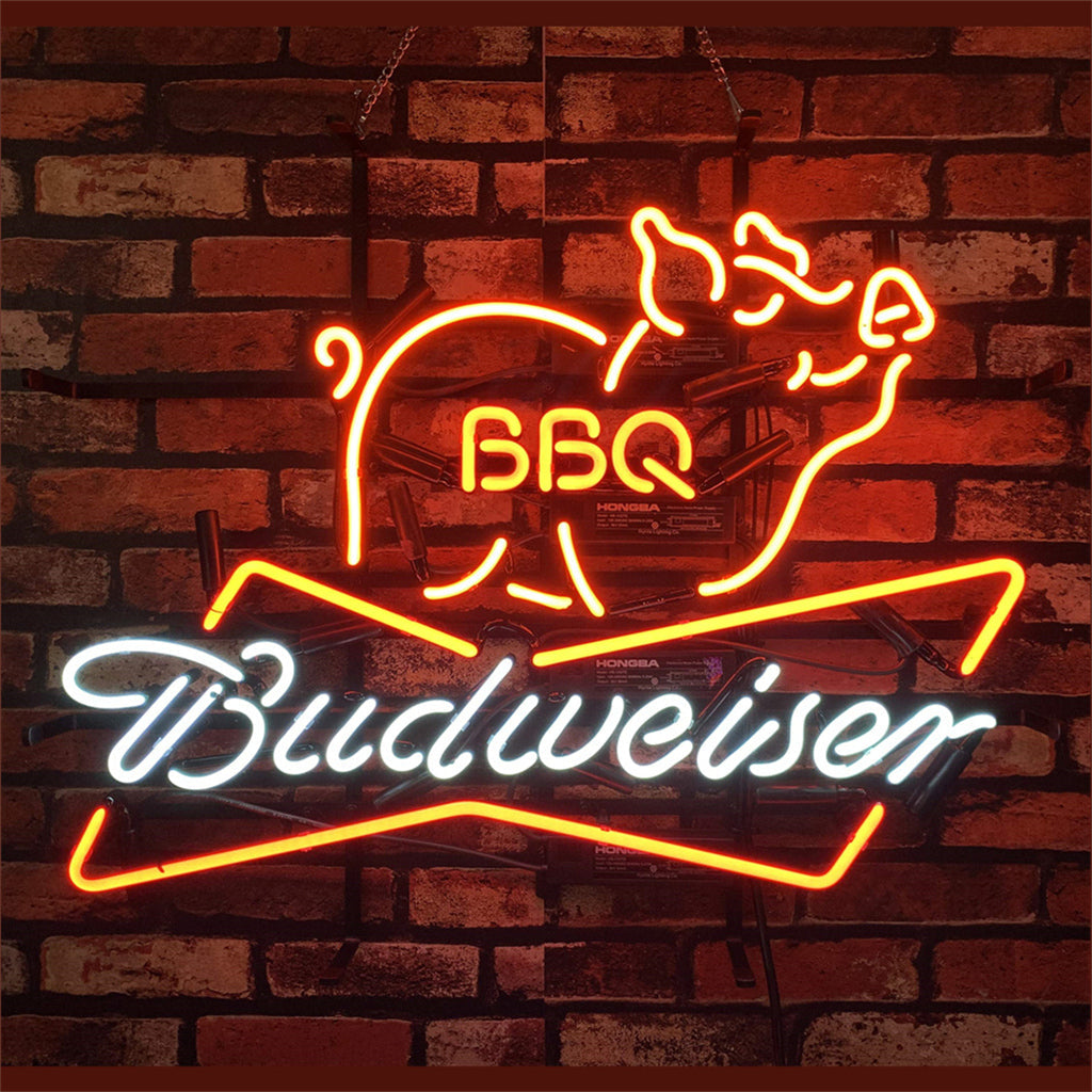 "Pig BBQ Budweiser neon sign glass - bright and vibrant logo, perfect for bars, shops, man caves gift decoration."