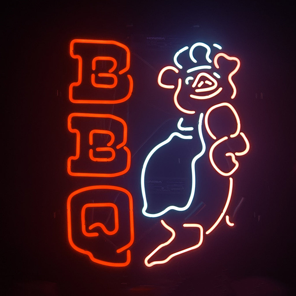 "BBQ pig chefs neon sign glass- perfect for garages, man caves, shops. Eye-catching on wall and window"