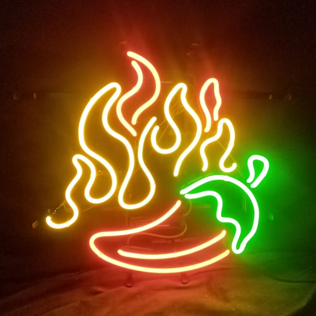 "Fire BBQ Pepper neon sign glass- perfect for garages, man caves, shop. Eye-catching on wall and window"