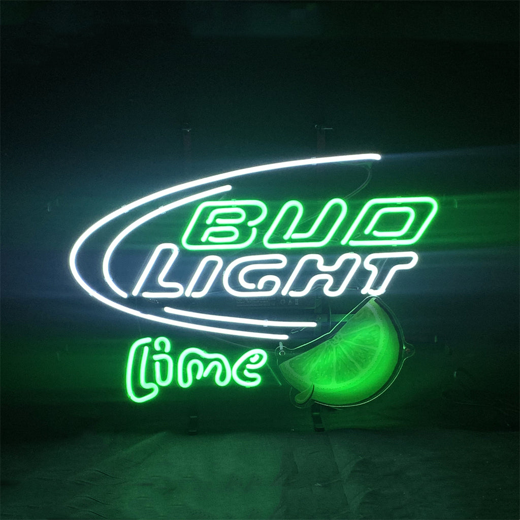 "Bud Light Lime Green Lemon neon sign glass - bright and vibrant logo, perfect for bars, game rooms, and man caves."