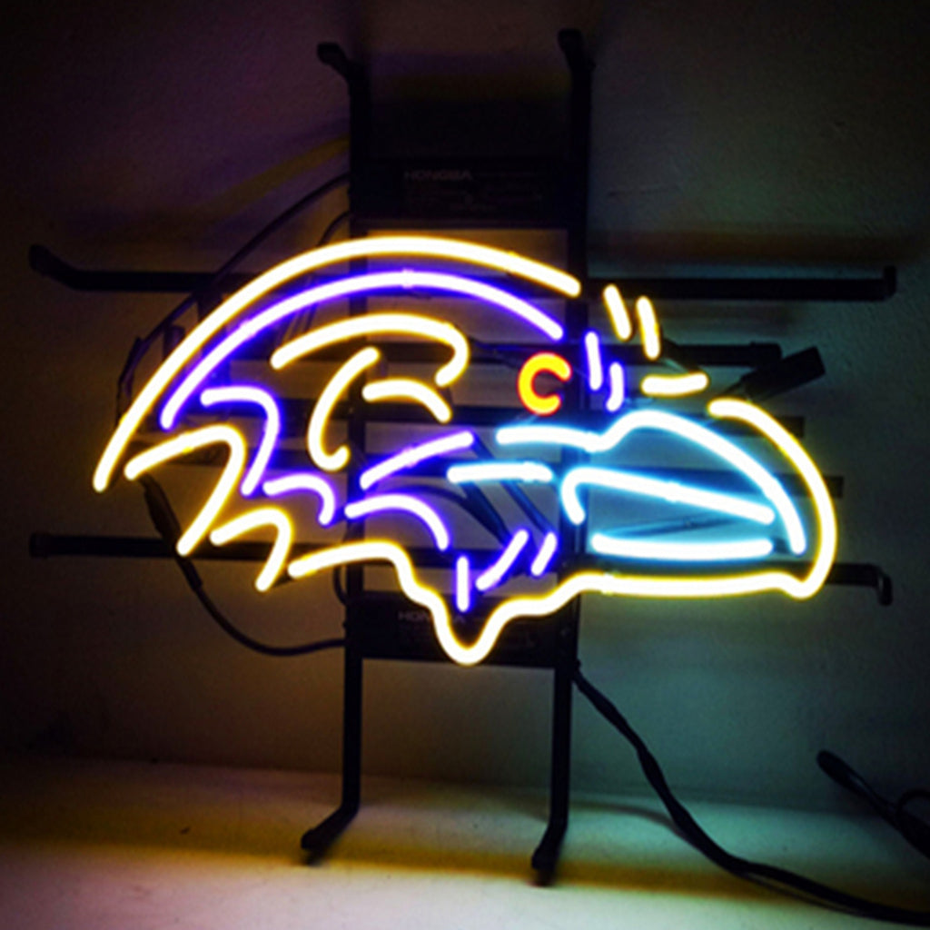 "Baltimore Ravens neon sign glass - vibrant team logo, perfect for bars, game rooms, and fan spaces.”