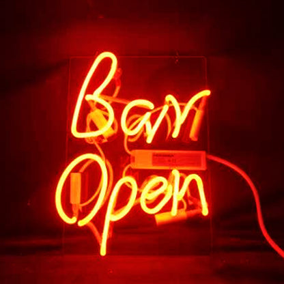 "Bar Open neon sign glass - bright and vibrant logo, perfect for bars, business shop, garage, man caves wall decor."