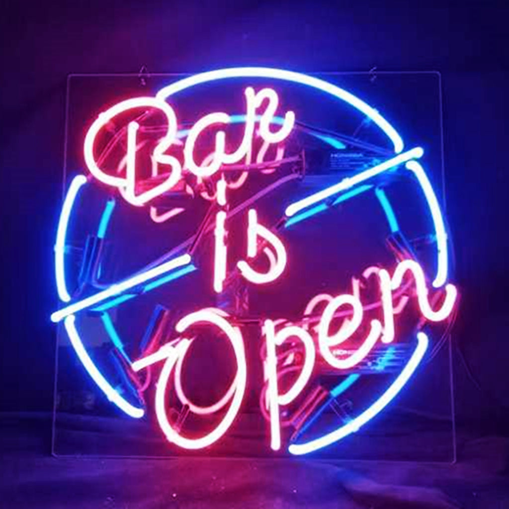 "Bar is Open neon sign glass - bright and vibrant logo, perfect for bars, business shop, garage, man caves wall decor."